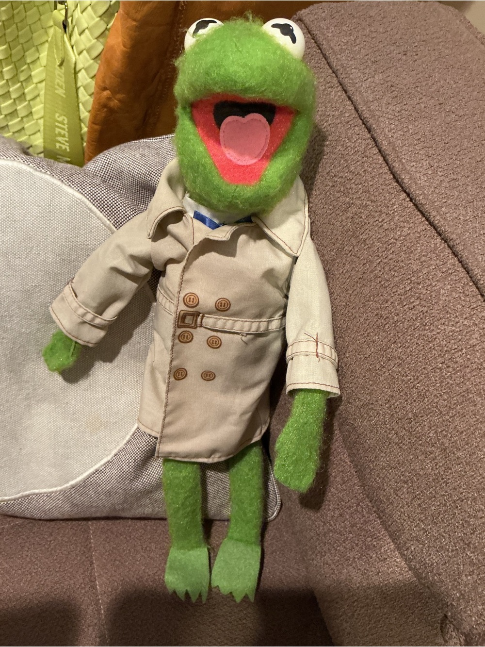 Fisher-Price Green Kermit Style Plush in Beige Trench Coata extra extra Kermit